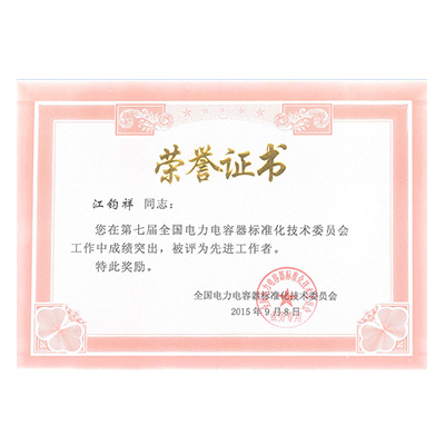 江鈞祥電力電容器標(biāo)準(zhǔn)委員會(huì)先進(jìn)工作者榮譽(yù)證書
